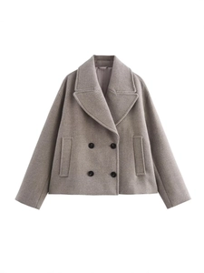 Taupe double-breasted wool-like coat with lapel collar and short casual fit for women