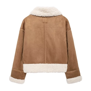 Rear view of brown faux suede jacket featuring warm white faux shearling collar and trims