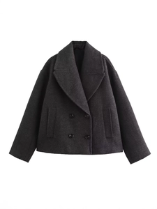 Women's dark grey wool-look coat with oversized lapels and double-breasted buttons