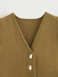 Chic mustard green V-neck ribbed knit vest featuring metallic button details