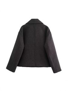 Women's short wool-like coat in charcoal grey featuring classic lapel and double-breasted style