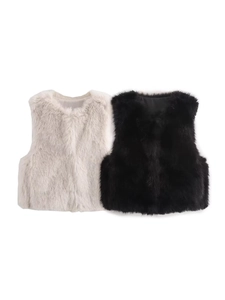 Women Casual Faux Fur Vest Round Neck Sleeveless Warm Solid Color Fluffy Waistcoat Streetwear Autumn Winter Outerwear