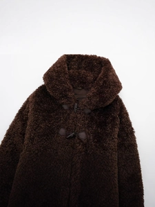 Deep brown faux fur teddy coat with wide collar and toggle button closure for winter