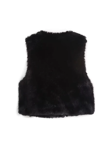 Sleeveless black faux fur vest for women with soft fluffy texture and round neckline