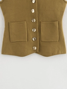 Olive green knit vest with gold buttons and dual pockets in a classic V-neck style