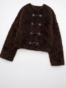 Women's dark brown faux fur jacket with toggle closures and minimalist round neck design