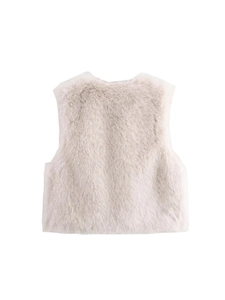 Chic round neck faux fur vest in light grey, sleeveless plush waistcoat for women