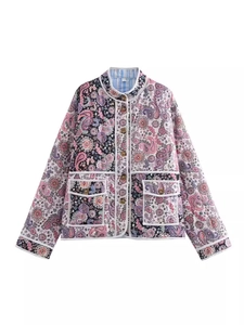 Quilted paisley patchwork jacket for women with vintage floral prints and single-breasted buttons