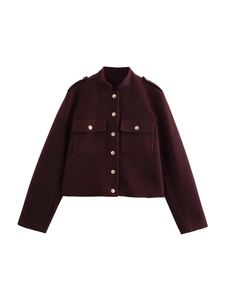 Veste Courte en Laine Rouge Vin Vintage pour Femme Avec Boutons Dorés Épaulettes Manches Longues Revers Décontracté Automne Hiver