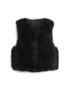 Short faux fur vest for women in black, sleeveless round neck design on white background