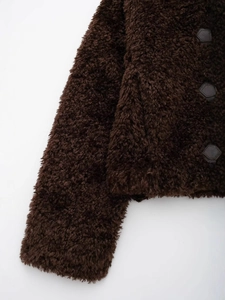 Deep brown faux fur coat with decorative dark brown hexagonal leather patches for women