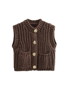Women Street Style Round Neck Chunky Knit Cardigan Vest With Gold Buttons And Pockets Solid Color Sleeveless Sweater Top