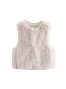 Plush faux fur vest for women with a round neck in creamy white minimalist style