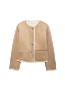 Women Round Neck Faux Suede Shearling Lined Jacket Metal Button Short Coat Warm Autumn Winter Streetwear Outerwear