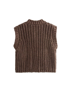 Chunky knit crewneck sweater vest in dark brown for autumn winter layering