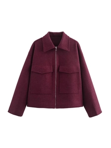 Women's Wine Red Wool-Look Jacket Zip Up Lapel Collar Outerwear With Large Pockets Streetwear Fashion Casual Short Coat