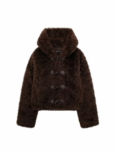 Women Faux Fur Jacket Hooded Toggle Buttons Winter Coat Sherpa Texture Long Sleeve Warm Streetwear Outwear Brown