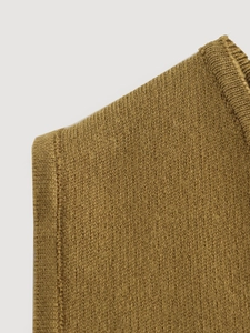 Detailed macro view of the olive green knitted vest neckline with ribbed edges