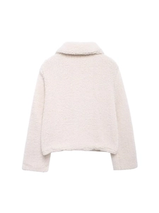 Giacca corta in pile bianco per donna con collo alto e texture accogliente vista posteriore