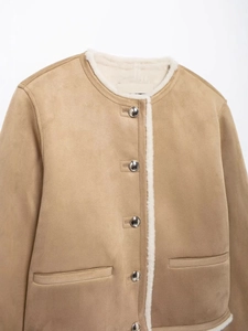 Women's minimalist khaki faux suede jacket with white sherpa lining and silver buttons