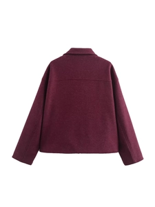 Women's burgundy wool-look jacket with oversized pockets and trendy drop shoulder fit