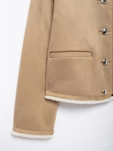 Short khaki suede jacket with white faux shearling lining and silver metal buttons
