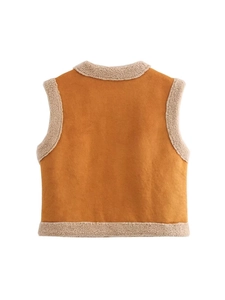 Back view of a brown faux suede vest with white shearling trim for autumn and winter