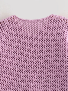 Close-up of lavender knit cardigan featuring delicate openwork crochet and round neckline