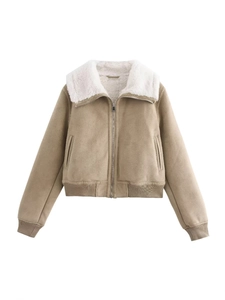 Giacca da Donna alla Moda in Finta Scamosciata Con Colletto in Finta Lana Zip Corta Cappotto Streetwear Orlo a Costine Cachi