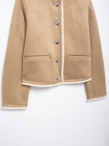 Women's camel faux suede jacket with white fleece lining and silver buttons