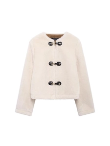 Women Round Neck Faux Fur Jacket Casual Short Plush Coat With Black Leather Metal Buckles Streetwear Outerwear For Women