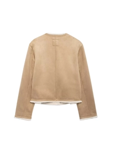 Back view of women's khaki faux suede jacket with white faux fur lining and round neck