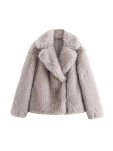 Short faux fur coat for women with large lapel in grey, fluffy winter jacket style