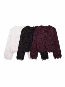 Women Faux Fur Shaggy Tassel Jacket Round Neck Long Sleeve Metal Trim Winter Warm Coat Party Streetwear Outerwear
