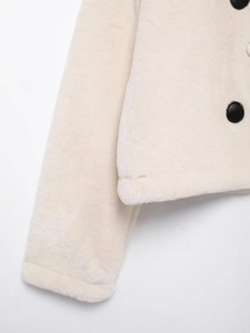 Chic beige cropped fleece jacket with contrasting black buttons and minimalist round neck