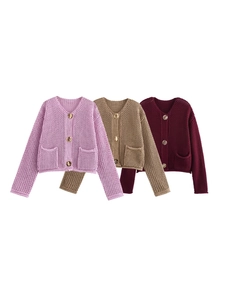 Women's Vintage Knitted Cardigan Hollow Out V-Neck Golden Buttons Lady Style Short Sweater Coat With Pockets Long Sleeve Top