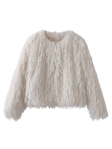 Chic beige faux fur jacket with fluffy long fringes and round neck for women