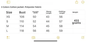 Detailed size chart for polyester stand collar jacket showing bust and length measurements