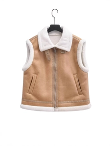 Women Faux Shearling Suede Patchwork Vest Vintage Sleeveless Moto Jacket Warm Lamb Wool Spliced Waistcoat With Zipper Pockets