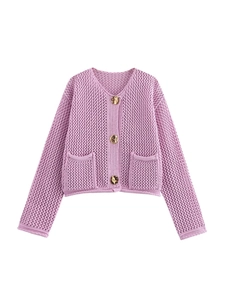 Chic lavender hollow knit cardigan with gold buttons and symmetrical front pockets
