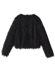 Furry black faux fur jacket with metallic trim and round neck in a fluffy cropped style