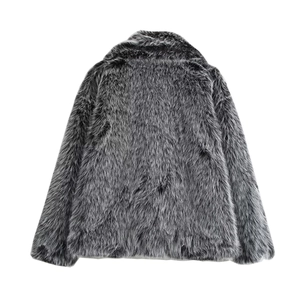 Macro view of plush grey and black faux fur texture on short winter jacket