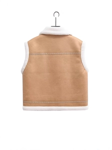 Women's camel faux shearling vest with white fleece trim and back panel stitching