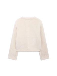 Women's minimalist cream white faux fur jacket with round neck for autumn and winter