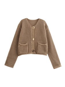 Brown hollow knit cardigan for women with retro V-neck design and three buttons