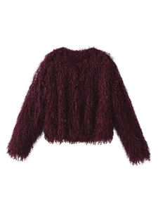 Chic burgundy faux fur jacket with metallic trim and stylish fringe texture in a cropped cut