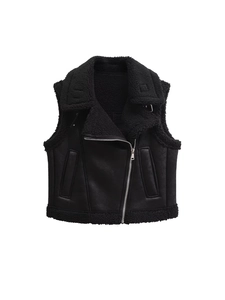 Gilet de Moto en Peau de Mouton Synthétique pour Femmes Épissage de Cuir PU Veste sans Manches à Fermeture Éclair Chaud Automne Hiver