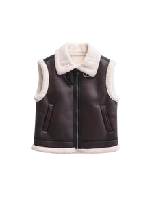 Brown faux leather sheepskin vest with plush fleece lining and metallic collar straps