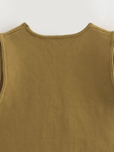 Women's V-neck sleeveless knitted vest cardigan in olive green with ribbed edge details