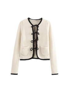 Women Vintage French Style Knit Cardigan Contrast Trim Bow Tie Front Long Sleeve Cream Knitted Sweater Jacket For Women